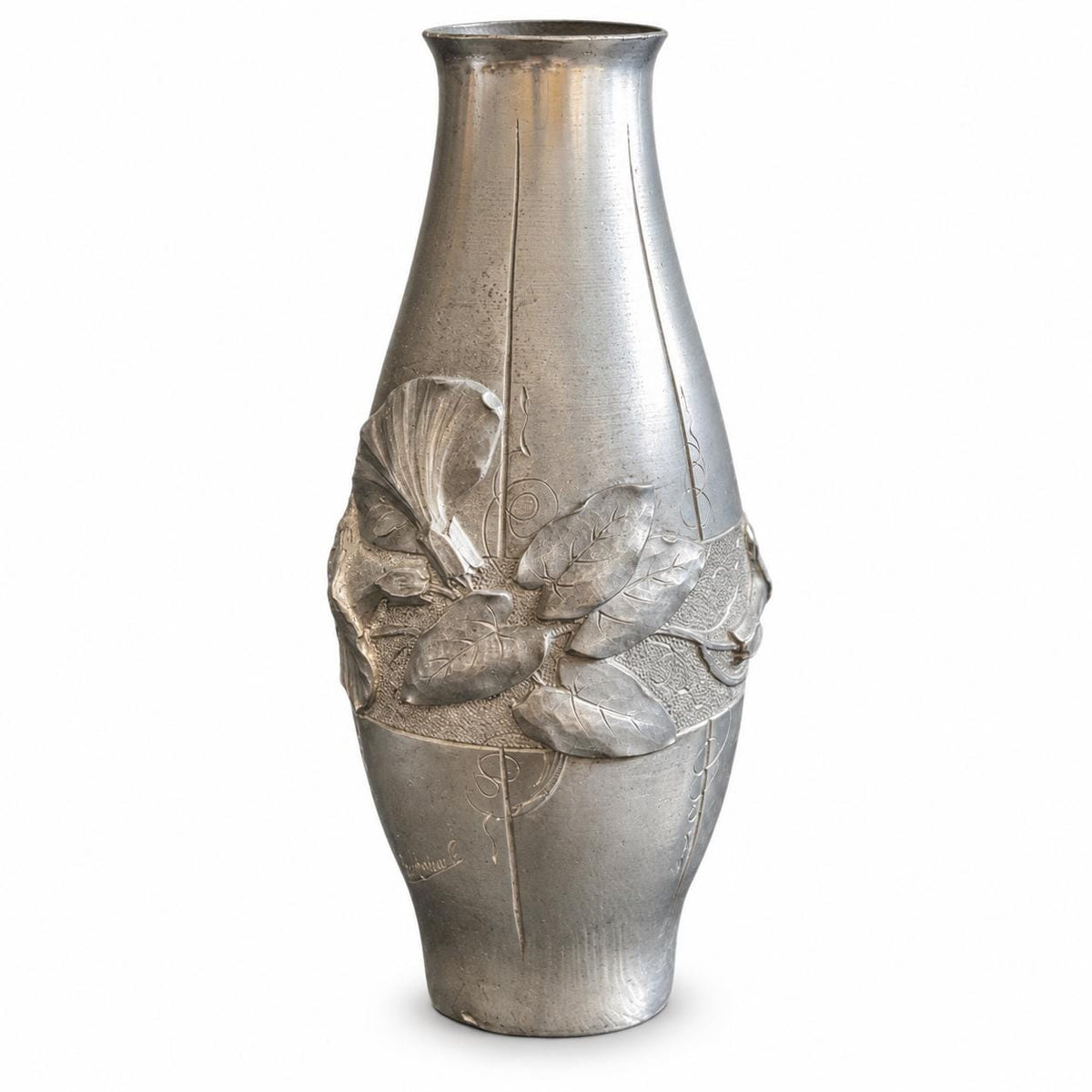 Antique Fine Pewter Vase, Signed Ermenault, Art Nouveau Leaf Relief — France, Early 20th Century