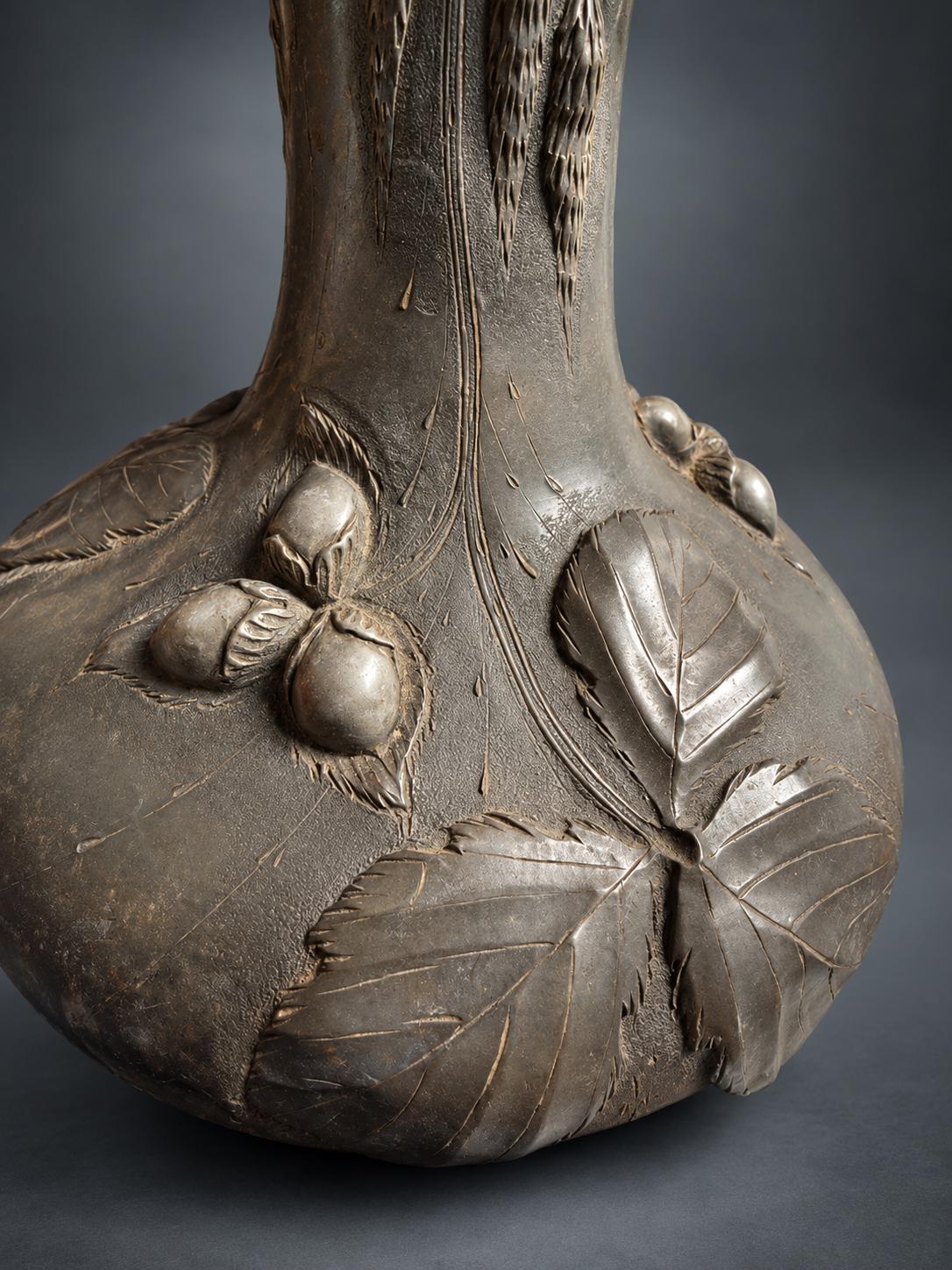 Antique Pewter Vase, Art Nouveau Organic Form with Botanical Relief — France, circa 1900