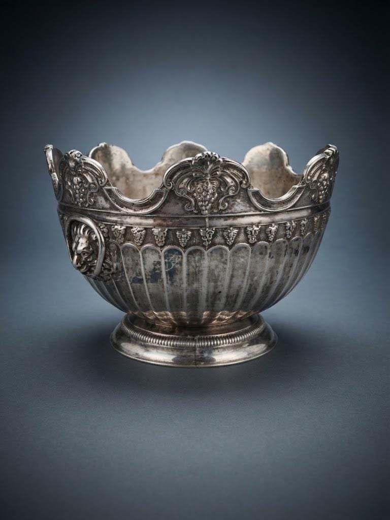 Antique Silver-Plated Bowl, Empire Style Lion Head Handles and Grapes — Europe, 19th Century