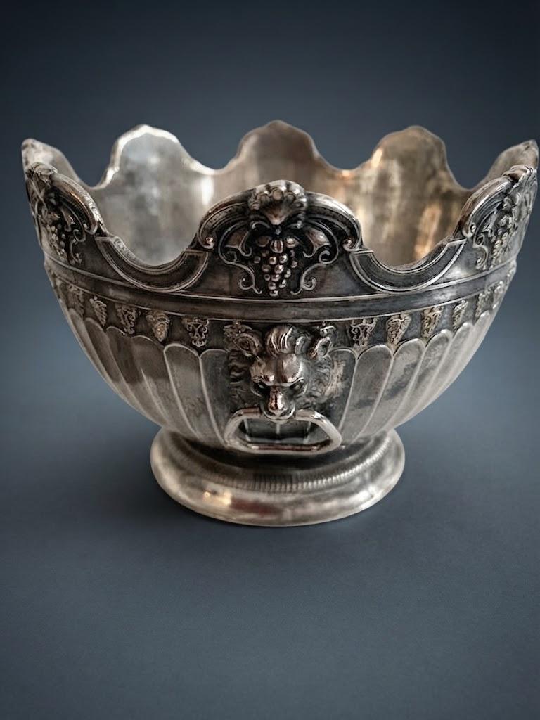 Antique Silver-Plated Bowl, Empire Style Lion Head Handles and Grapes — Europe, 19th Century
