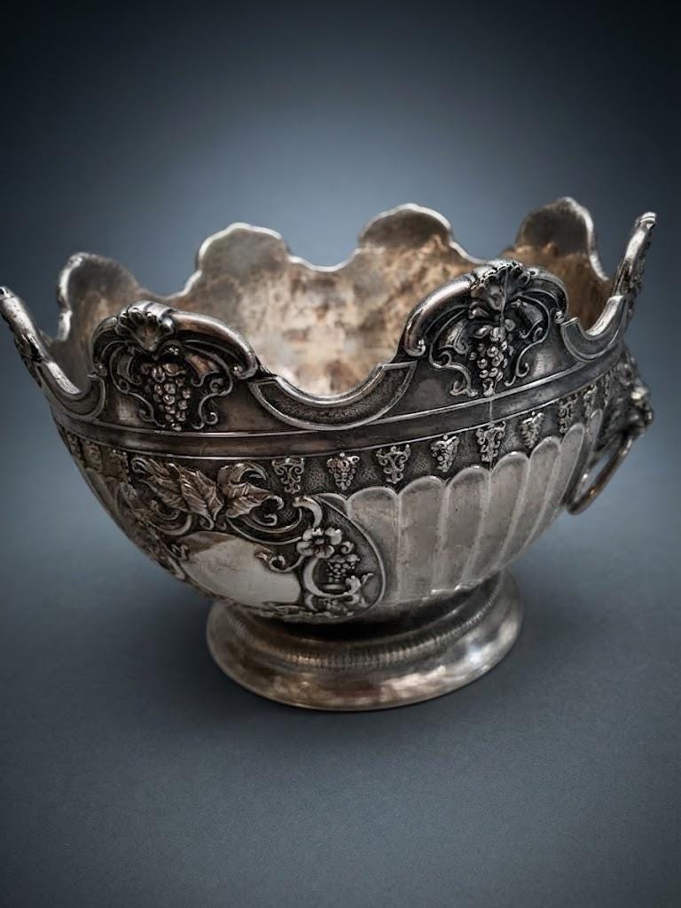 Antique Silver-Plated Bowl, Empire Style Lion Head Handles and Grapes — Europe, 19th Century
