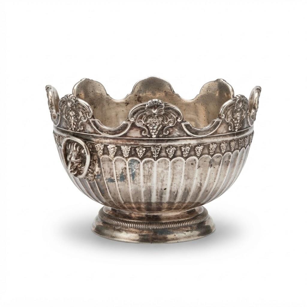 Antique Silver-Plated Bowl, Empire Style Lion Head Handles and Grapes — Europe, 19th Century