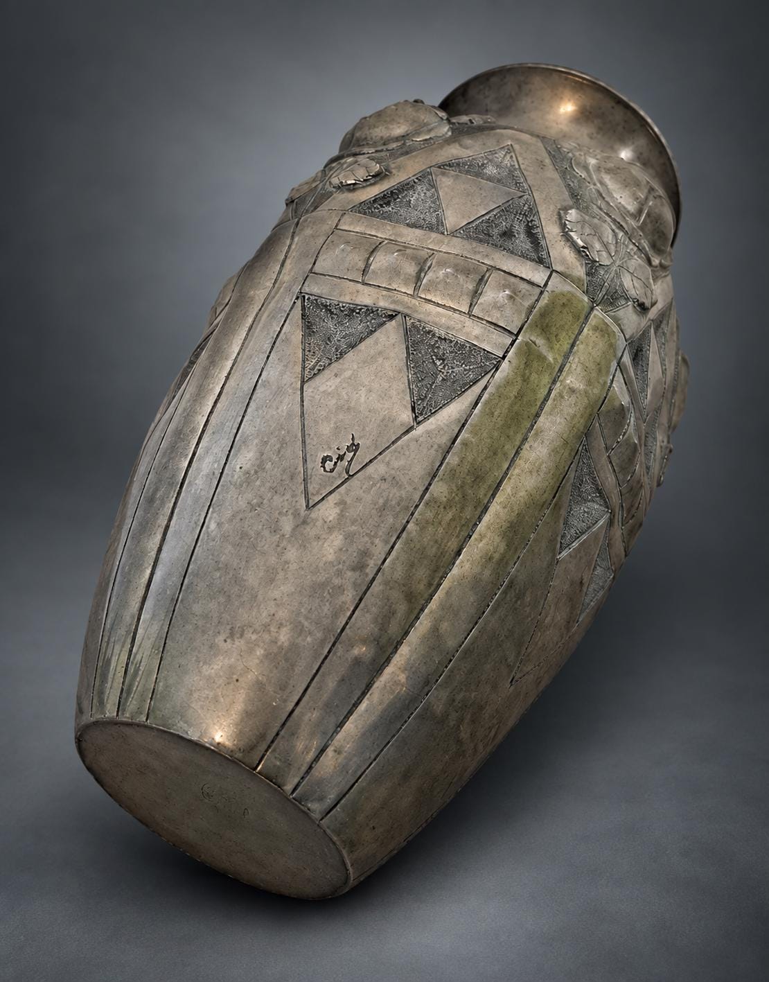 Antique French Art Deco Pewter Vase, Rose Relief, Noël Collet CID — France, 1920s-1930s