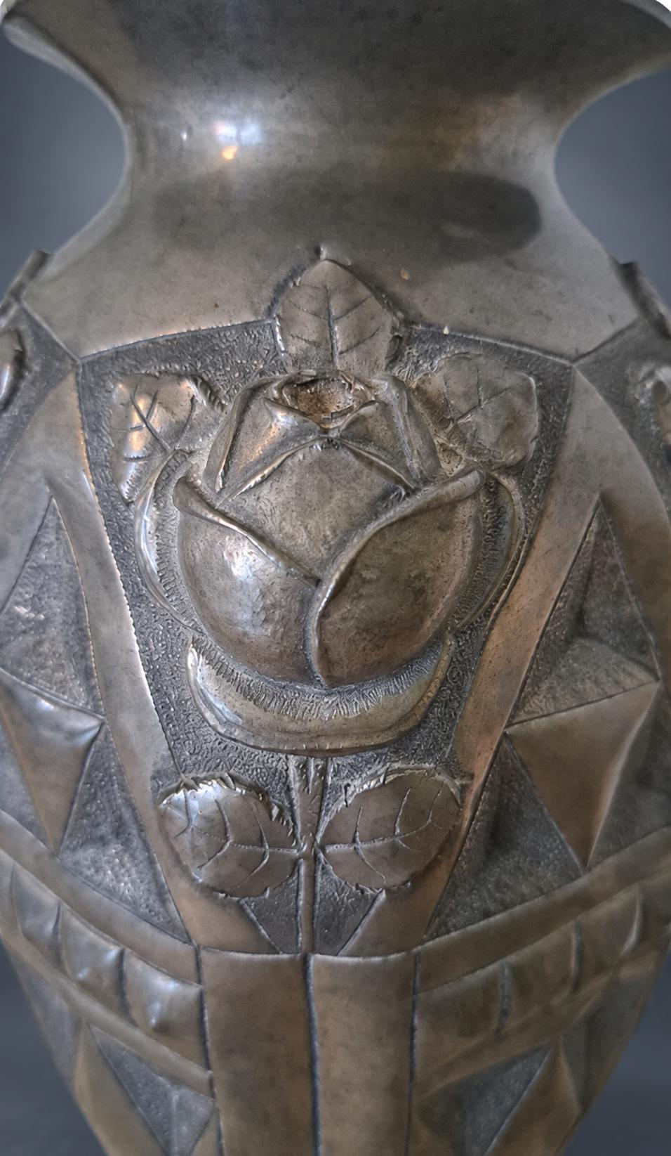 Antique French Art Deco Pewter Vase, Rose Relief, Noël Collet CID — France, 1920s-1930s