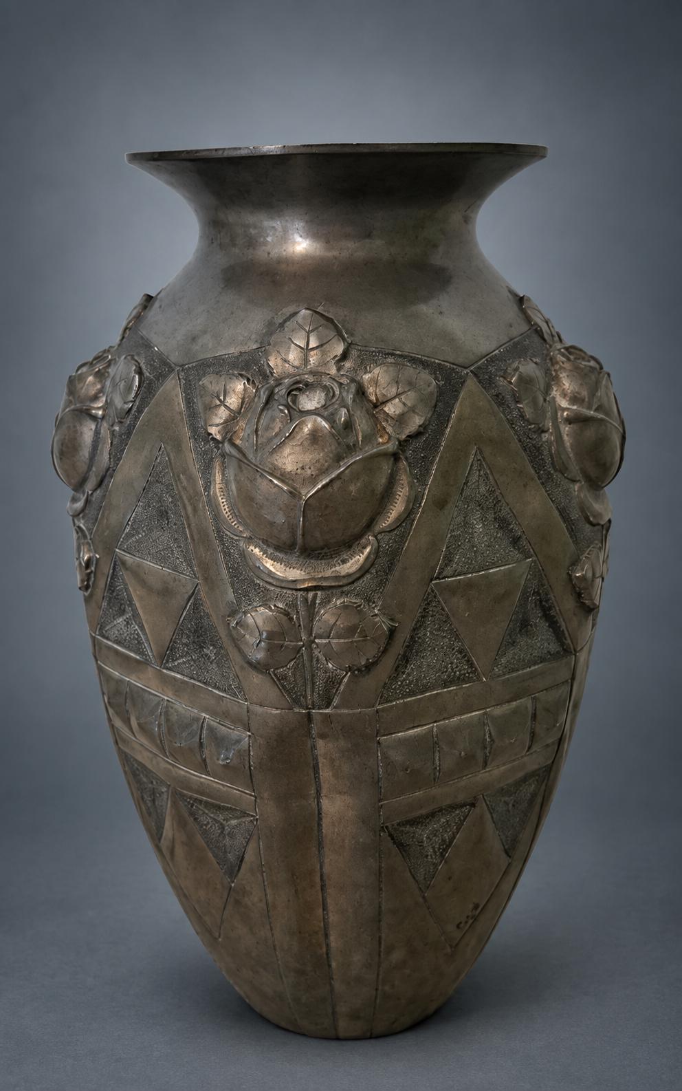 Antique French Art Deco Pewter Vase, Rose Relief, Noël Collet CID — France, 1920s-1930s