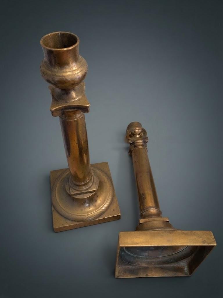 Pair of Antique Bronze Candlesticks, Louis XVI Empire Style Fluted Column — France, 19th Century