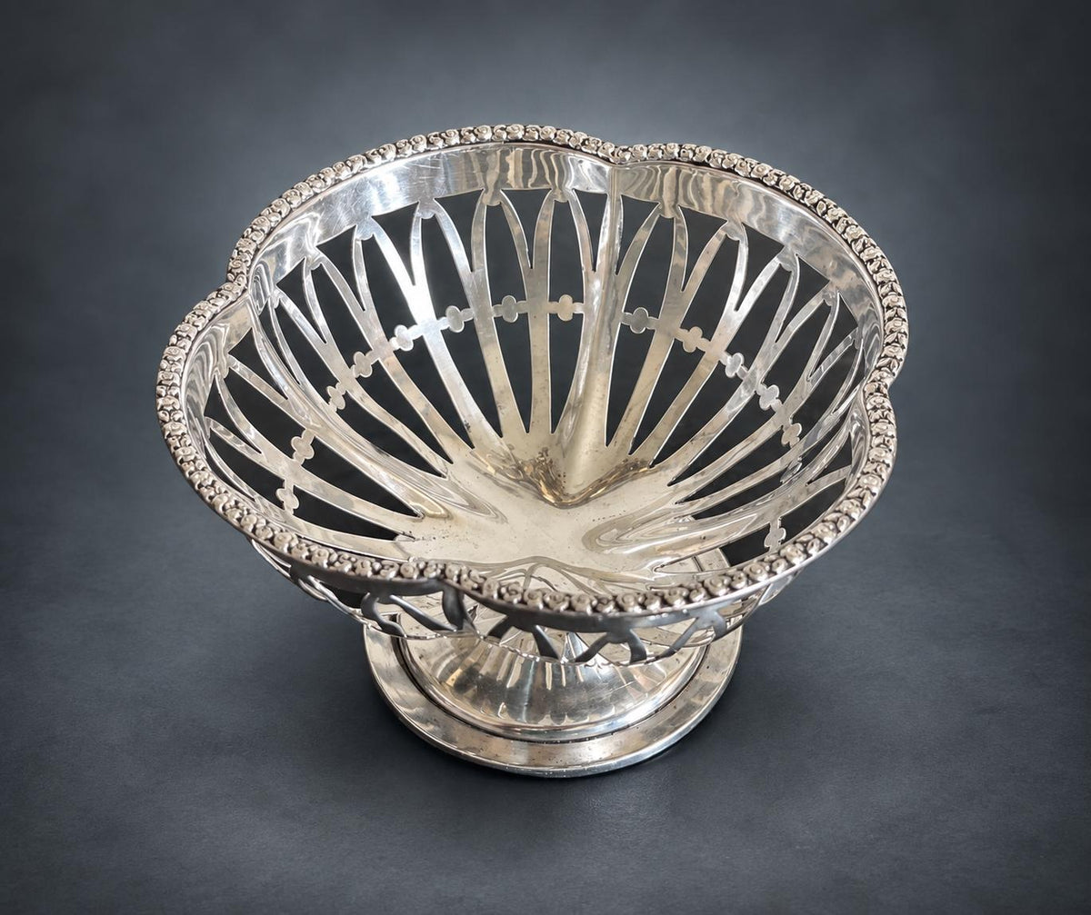 Antique Silver Pierced Pedestal Bowl, Openwork Ribbed Design — Europe, Hallmarked