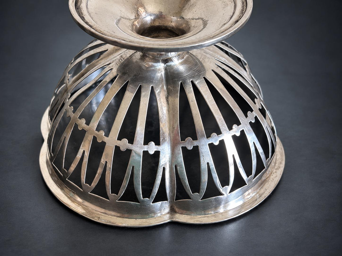 Antique Silver Pierced Pedestal Bowl, Openwork Ribbed Design — Europe, Hallmarked