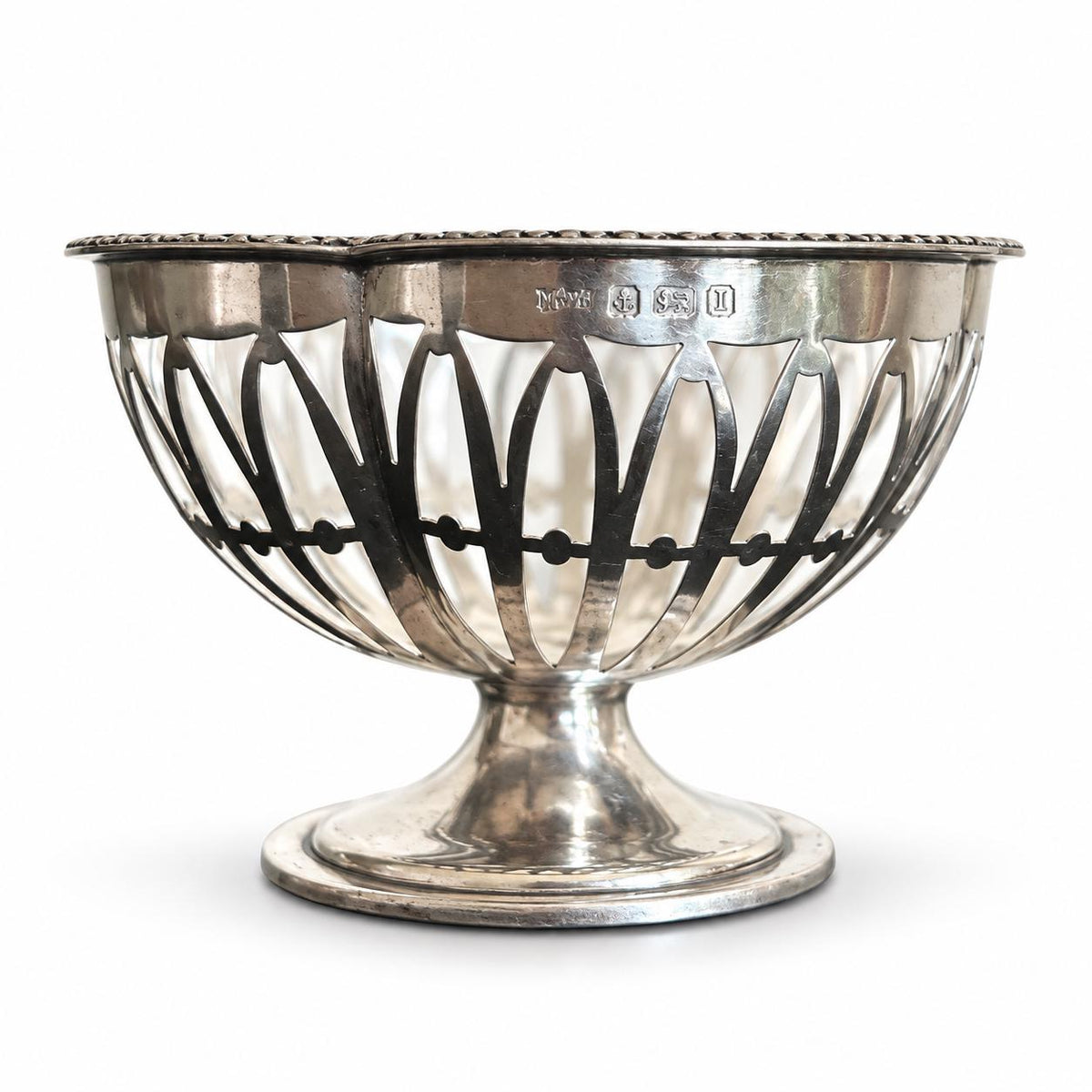 Antique Silver Pierced Pedestal Bowl, Openwork Ribbed Design — Europe, Hallmarked
