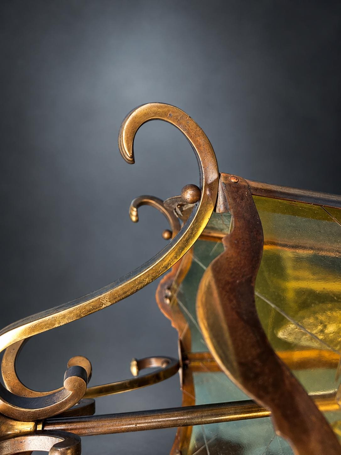 Antique French Bronze and Brass Hexagonal Hall Lantern, Glazed Ceiling Light — France, Early 20th Century