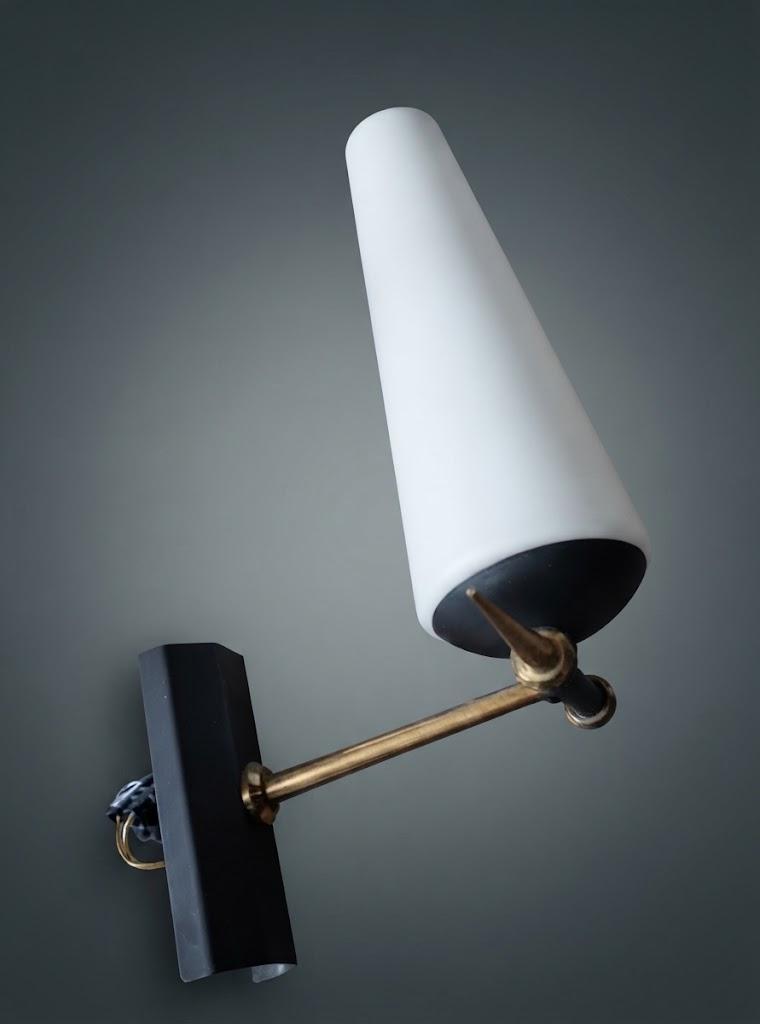 Pair of Mid-Century Style Wall Sconces, Frosted White Glass Cone Shades, Brass-Tone Arms and Black Wall Plates