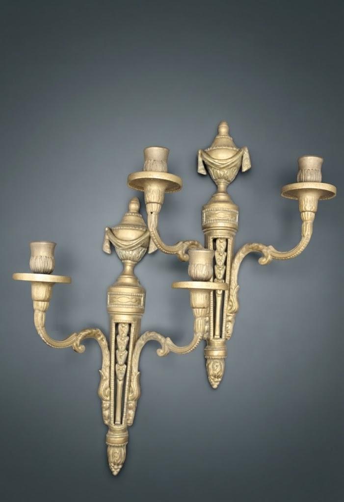 Vintage Pair of Louis XVI Style Two-Arm Wall Sconces, Gold-Tone Metal with Draped Urns, Pierced Fluted Shafts and Acanthus Arms