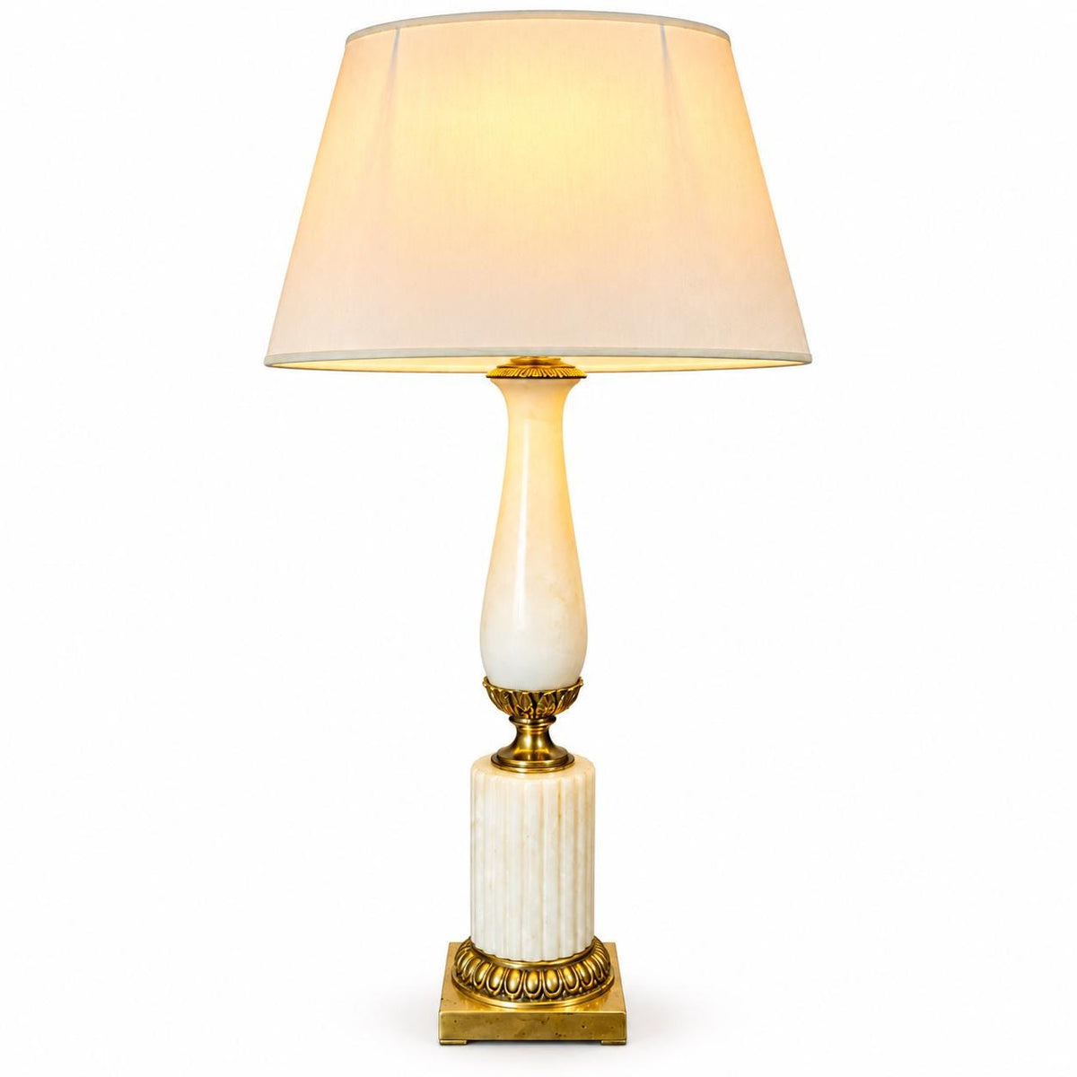 Vintage Neoclassical Style Table Lamp, White Baluster and Fluted Veined Stone Column with Gilt Metal Mounts, with Cream Shade