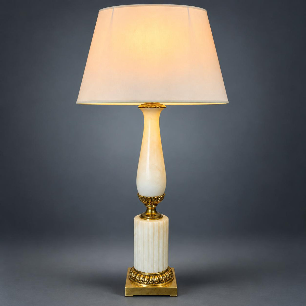 Vintage Neoclassical Style Table Lamp, White Baluster and Fluted Veined Stone Column with Gilt Metal Mounts, with Cream Shade