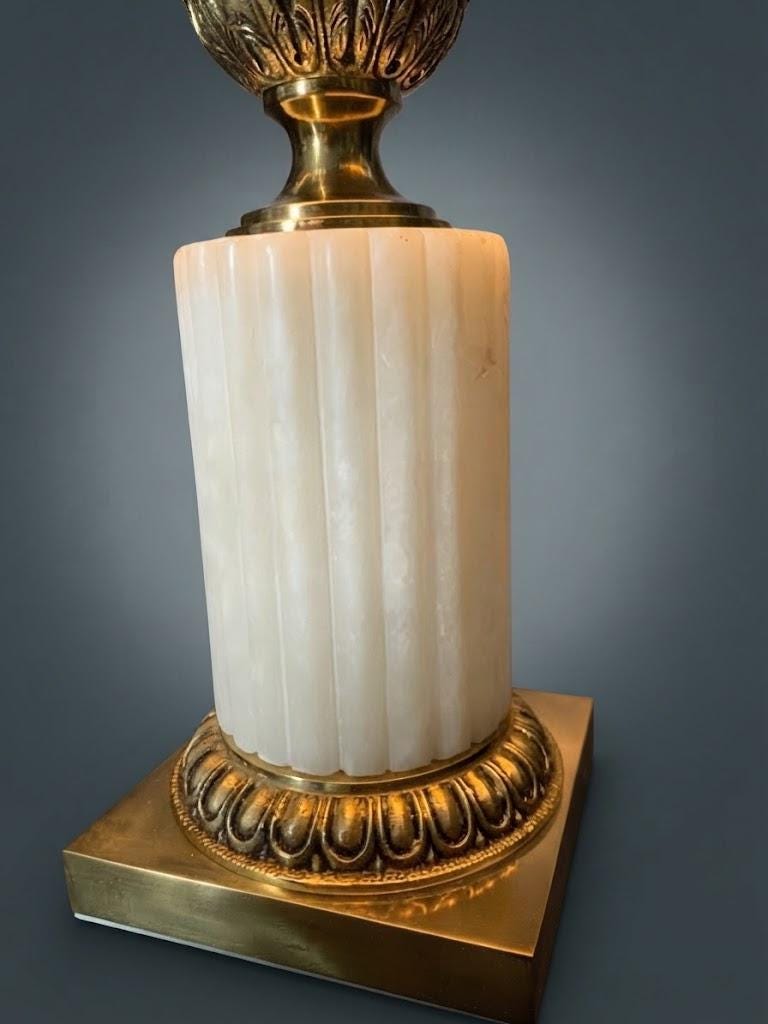 Vintage Neoclassical Style Table Lamp, White Baluster and Fluted Veined Stone Column with Gilt Metal Mounts, with Cream Shade