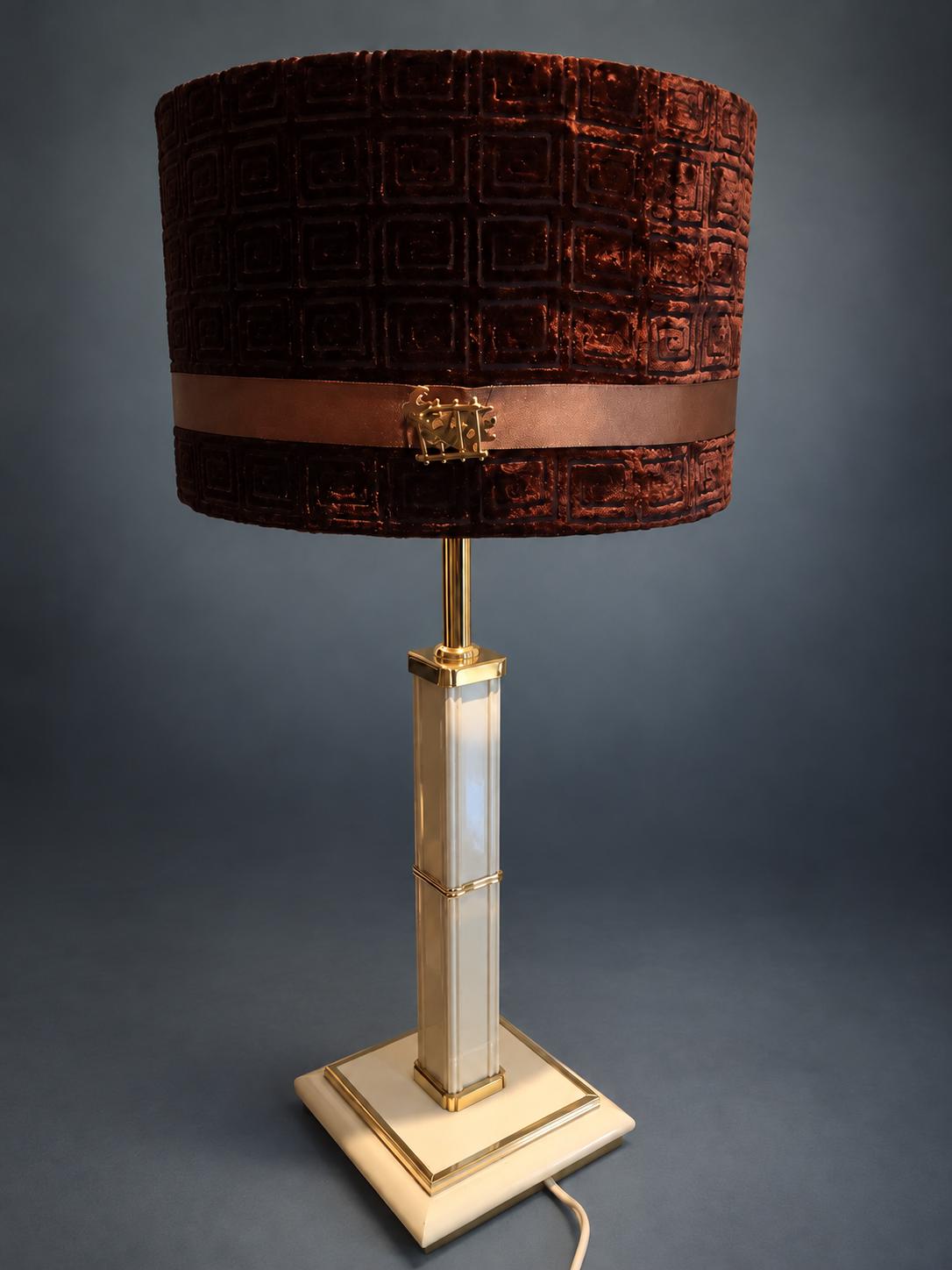 Vintage Hollywood Regency Style Column Table Lamp, Ivory Lacquered Finish with Gold-Tone Trim, Brown Greek Key Velvet Drum Shade
