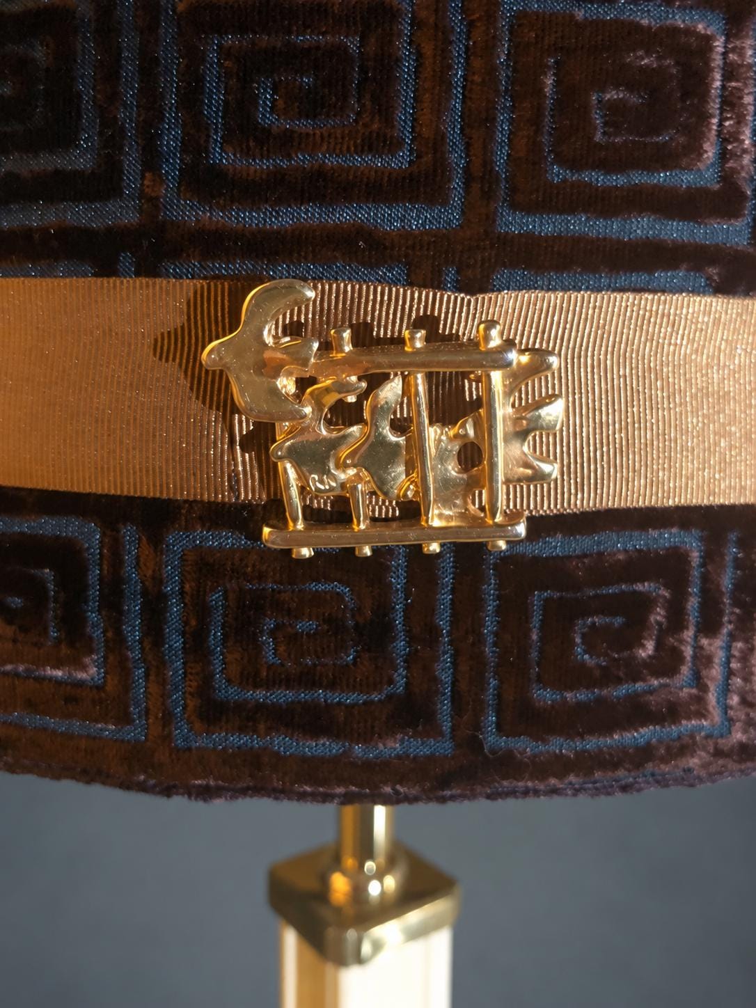 Vintage Hollywood Regency Style Column Table Lamp, Ivory Lacquered Finish with Gold-Tone Trim, Brown Greek Key Velvet Drum Shade