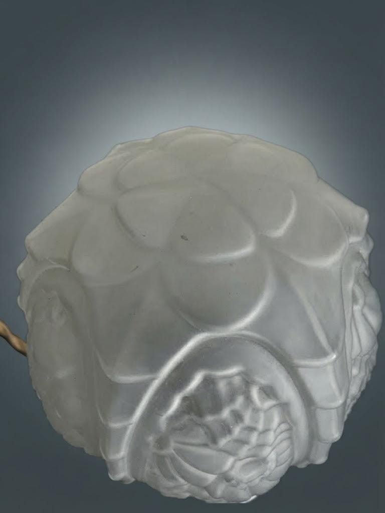 Vintage Art Deco Night Light, Frosted Pressed Glass Globe with Floral Relief on Stepped Chrome-Tone Base