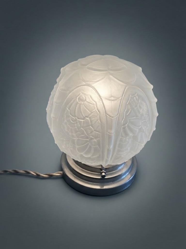 Vintage Art Deco Night Light, Frosted Pressed Glass Globe with Floral Relief on Stepped Chrome-Tone Base