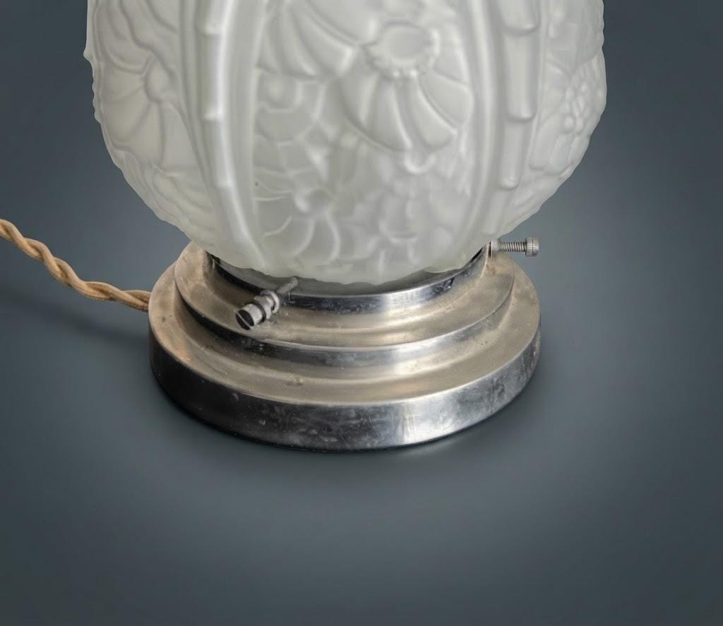 Vintage Art Deco Night Light, Frosted Pressed Glass Globe with Floral Relief on Stepped Chrome-Tone Base