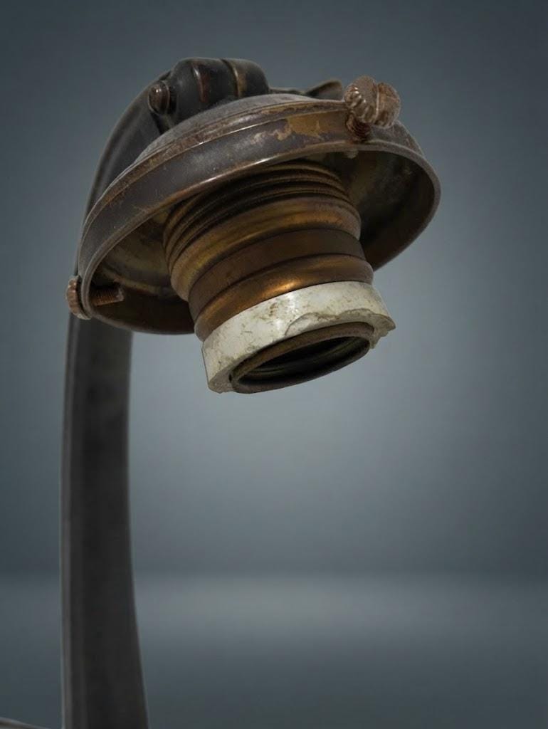 Vintage Art Deco Desk Lamp, Arched Patinated Metal Arm on Stepped Base with Clear Patterned Glass Globe