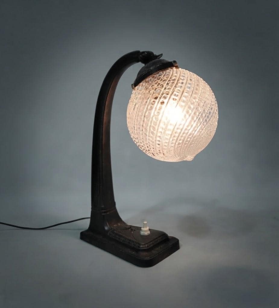 Vintage Art Deco Desk Lamp, Arched Patinated Metal Arm on Stepped Base with Clear Patterned Glass Globe