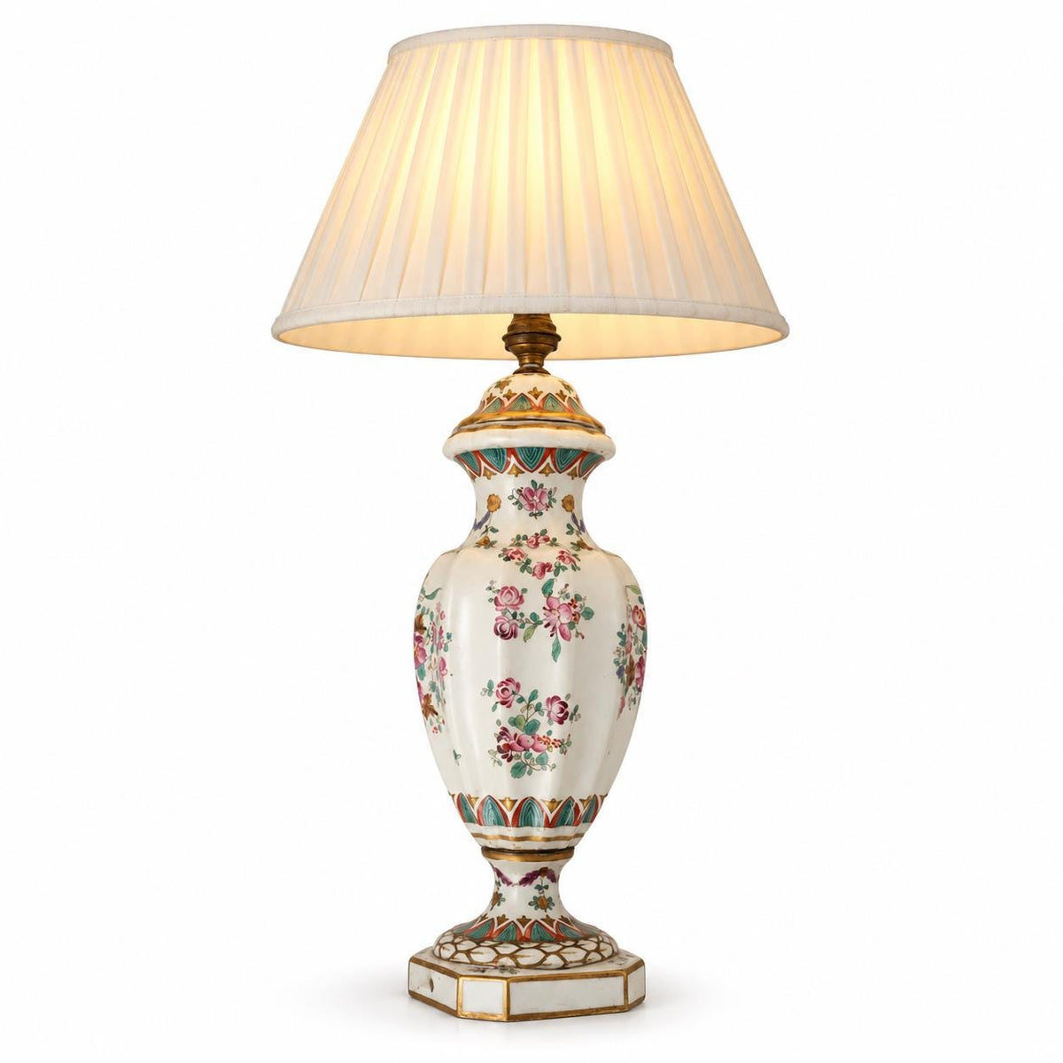 Vintage Compagnie des Indes Style Ceramic Vase Lamp Base, Famille Rose Floral Sprays and Gilt Trim on Octagonal Base
