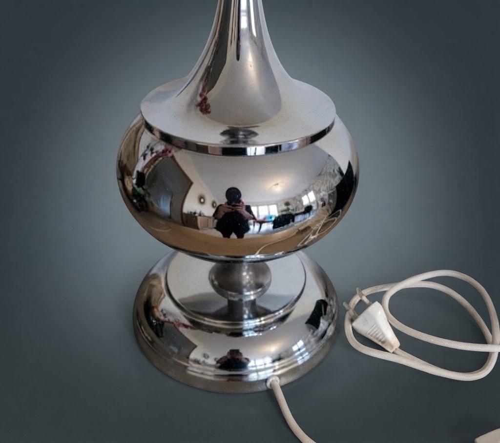 Vintage Space Age Chrome-Tone Metal Table Lamp Base, Stacked Sphere and Disc Shape, 1970s