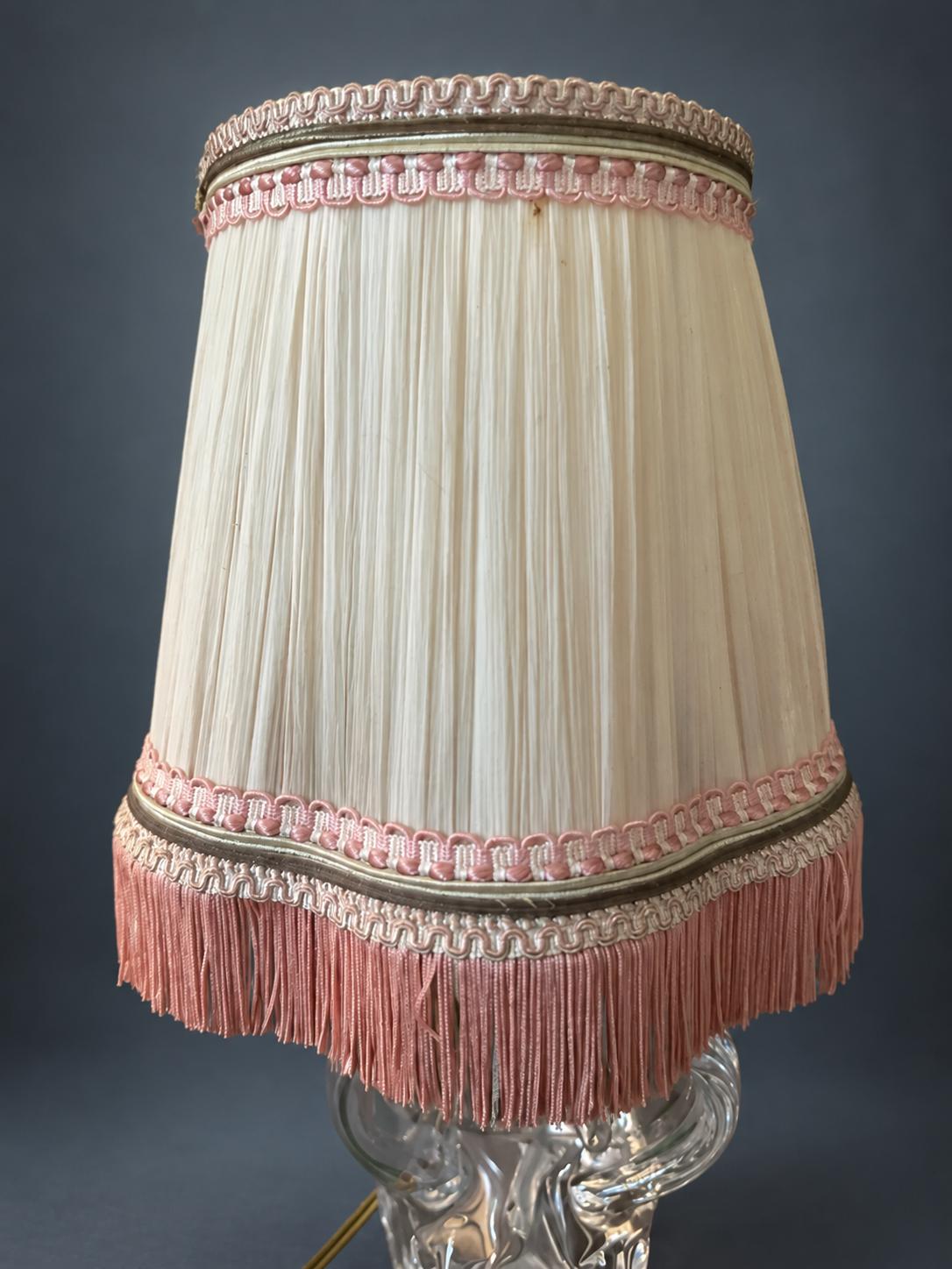 Vintage Mid-Century Clear Glass Table Lamp, Sculptural Twin-Loop Base, Pleated Shade with Fringe