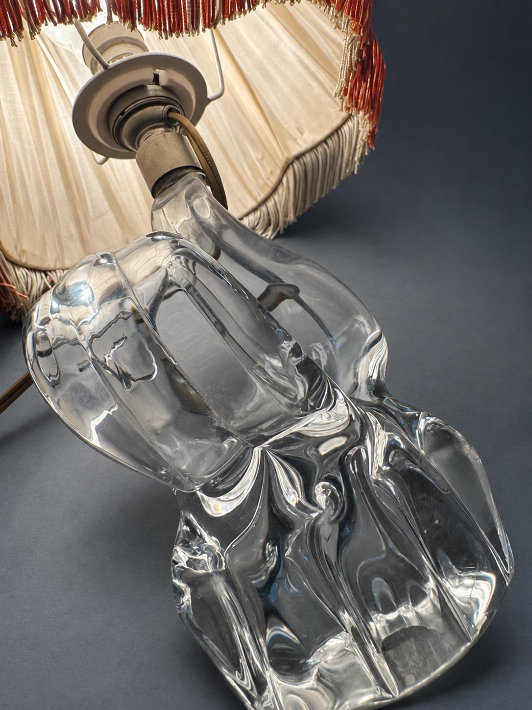 Vintage Mid-Century Clear Glass Table Lamp, Sculptural Twin-Loop Base, Pleated Shade with Fringe