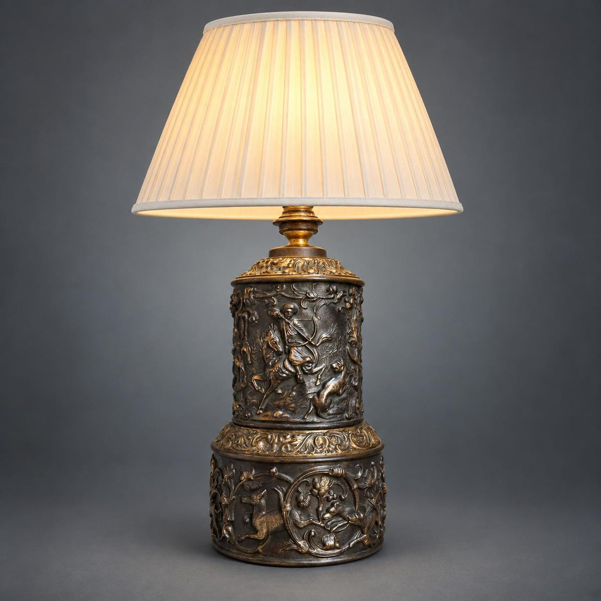 Antique Repoussé Copper Table Lamp Base, Hunting Scenes in Relief — Europe, 19th Century