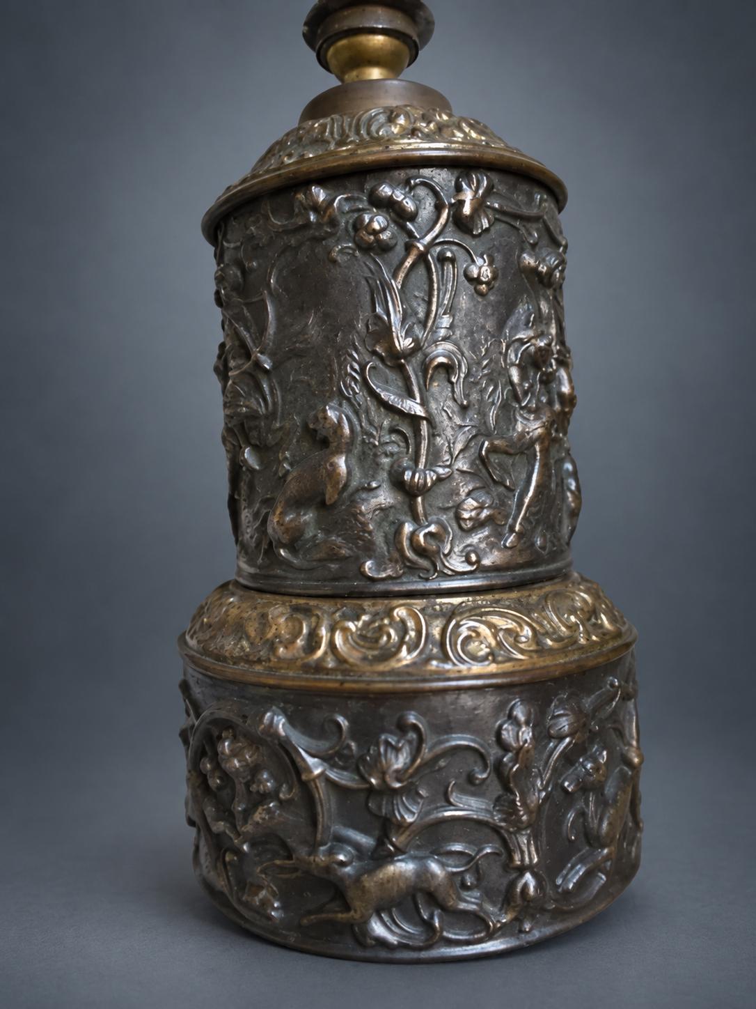 Antique Repoussé Copper Table Lamp Base, Hunting Scenes in Relief — Europe, 19th Century