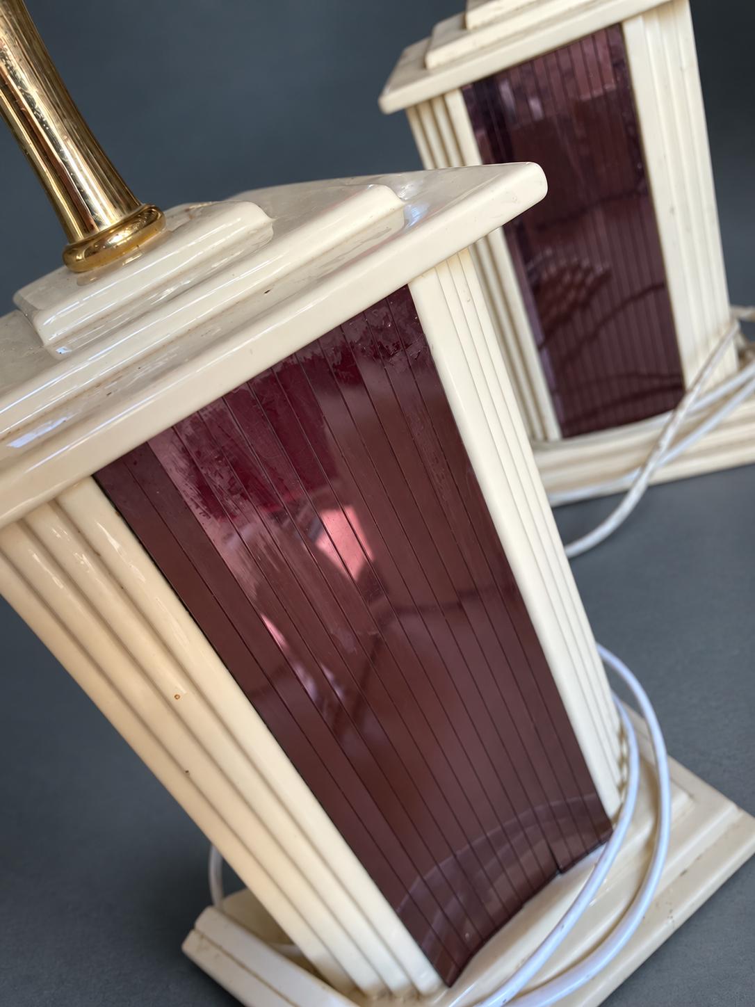 Vintage Pair of Hollywood Regency Style Column Table Lamps, Cream Glazed Ceramic with Fluted Corners and Tinted Mirror Strip Panels