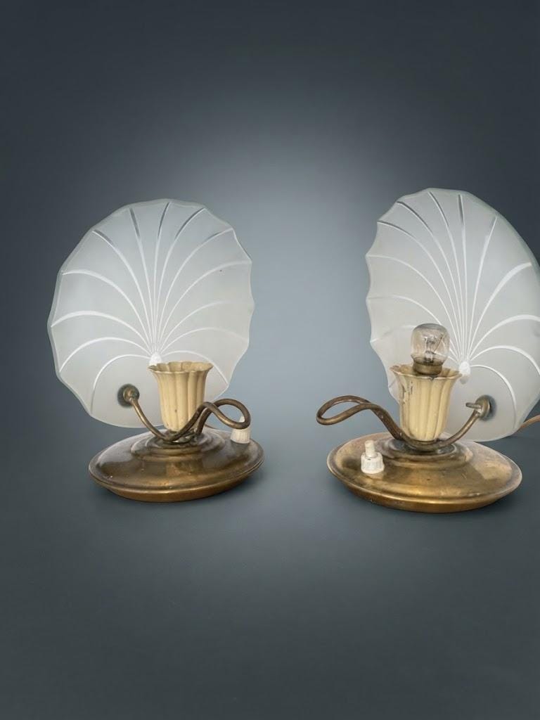 Vintage Pair of Mid-Century Bedside Lamps, Brass-Tone Bases with Fan-Shaped Frosted Glass Panels and Tulip Cups