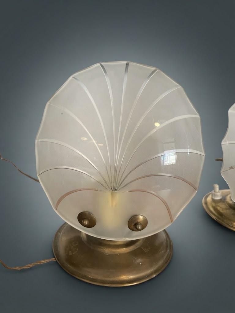 Vintage Pair of Mid-Century Bedside Lamps, Brass-Tone Bases with Fan-Shaped Frosted Glass Panels and Tulip Cups