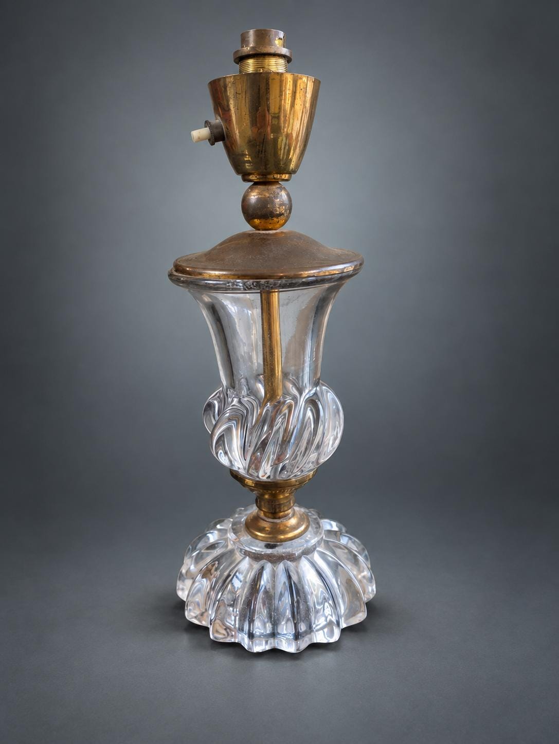 Antique French Crystal and Brass Table Lamp Base, Swirled Glass Urn Form — France, Early 20th Century