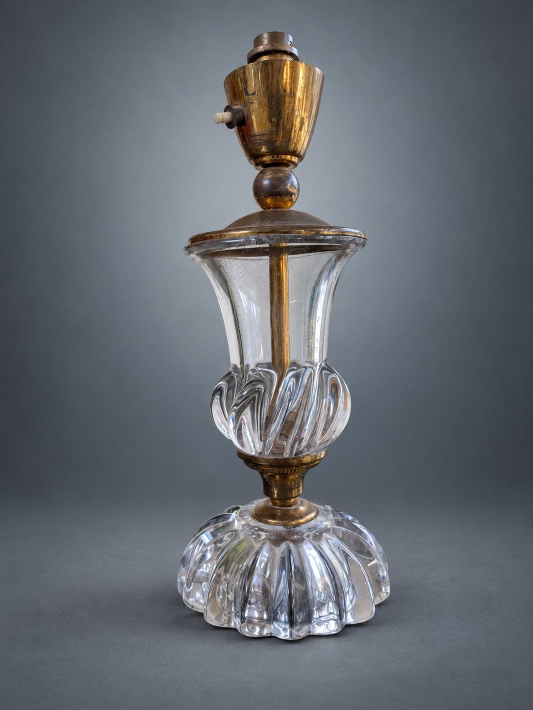 Antique French Crystal and Brass Table Lamp Base, Swirled Glass Urn Form — France, Early 20th Century