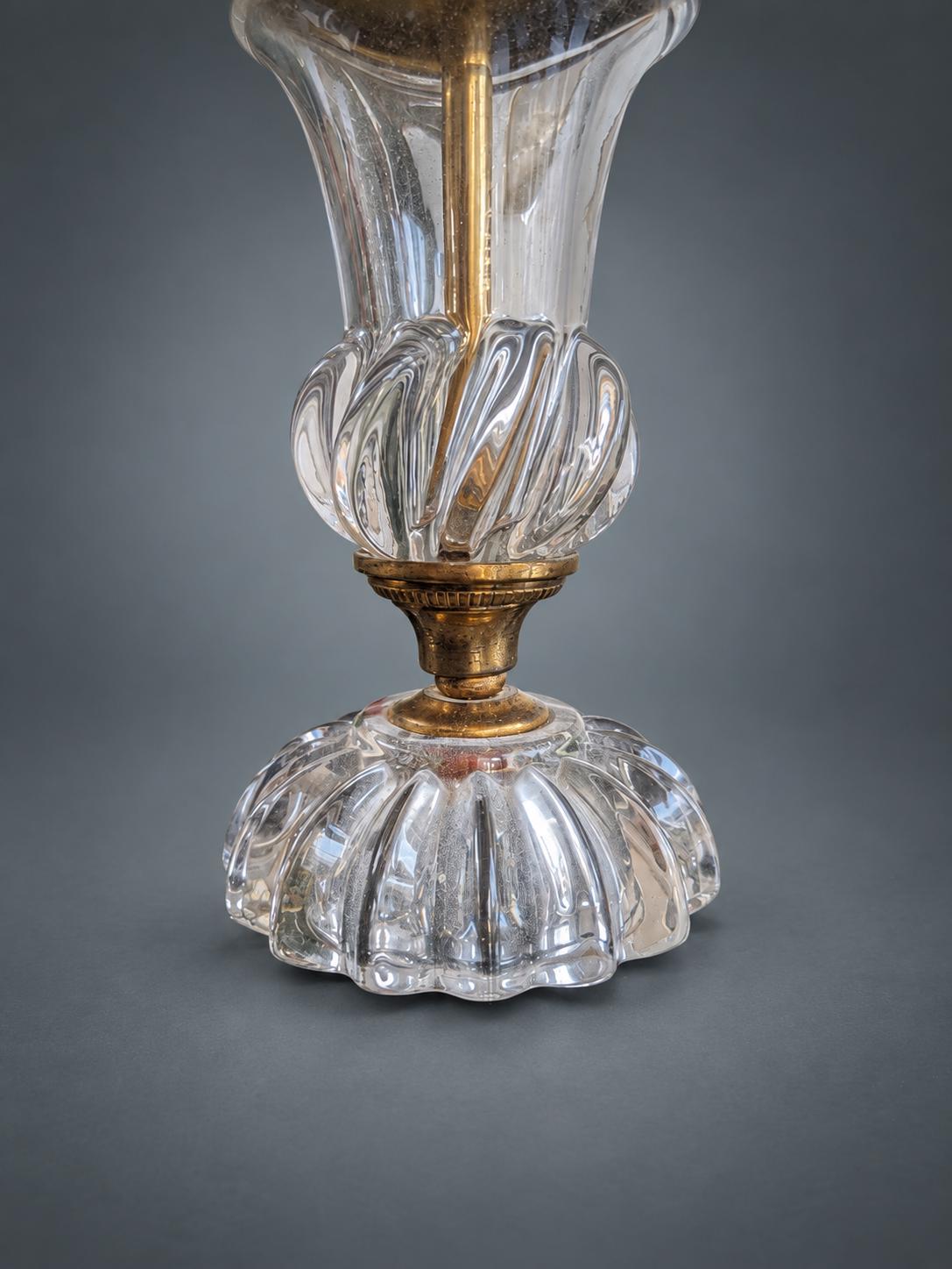 Antique French Crystal and Brass Table Lamp Base, Swirled Glass Urn Form — France, Early 20th Century