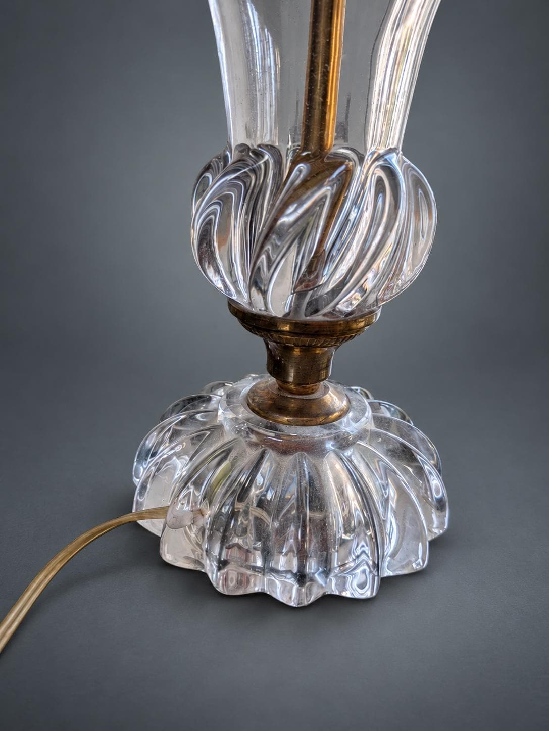 Antique French Crystal and Brass Table Lamp Base, Swirled Glass Urn Form — France, Early 20th Century