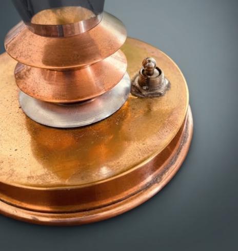 Vintage Art Deco Desk Lamp, Chrome-Tone and Copper-Tone Metal with Tilting Saucer Shade, Machine Age Style