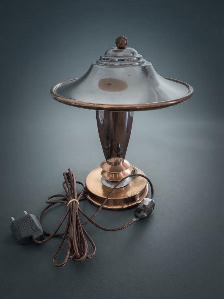 Vintage Art Deco Desk Lamp, Chrome-Tone and Copper-Tone Metal with Tilting Saucer Shade, Machine Age Style