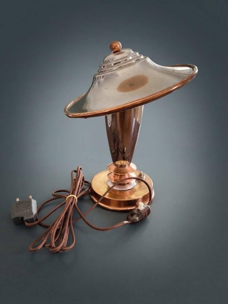 Vintage Art Deco Desk Lamp, Chrome-Tone and Copper-Tone Metal with Tilting Saucer Shade, Machine Age Style