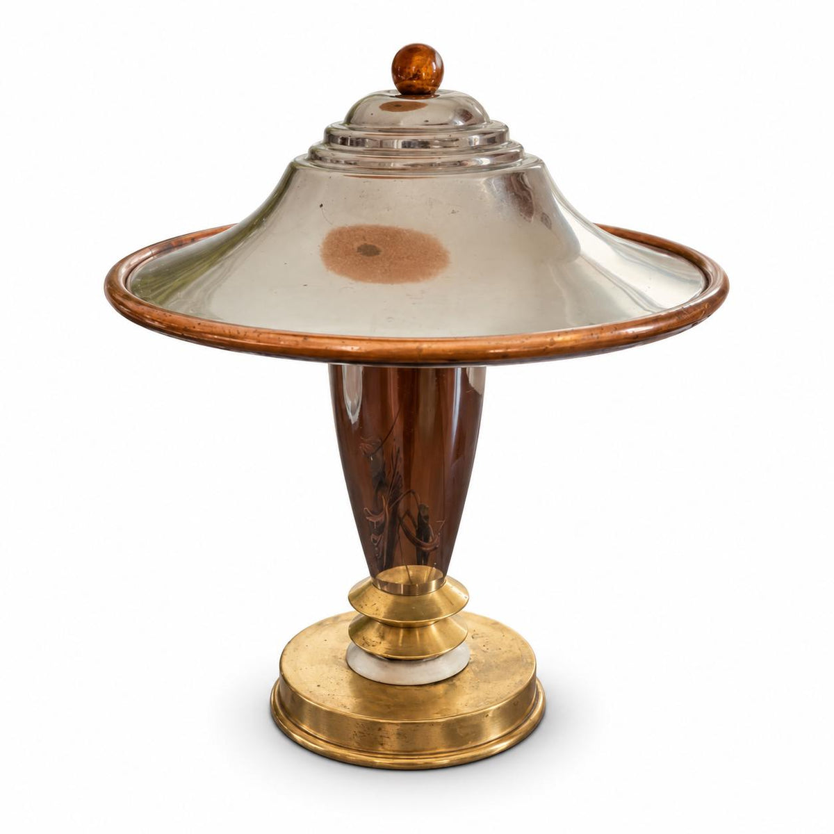 Vintage Art Deco Desk Lamp, Chrome-Tone and Copper-Tone Metal with Tilting Saucer Shade, Machine Age Style