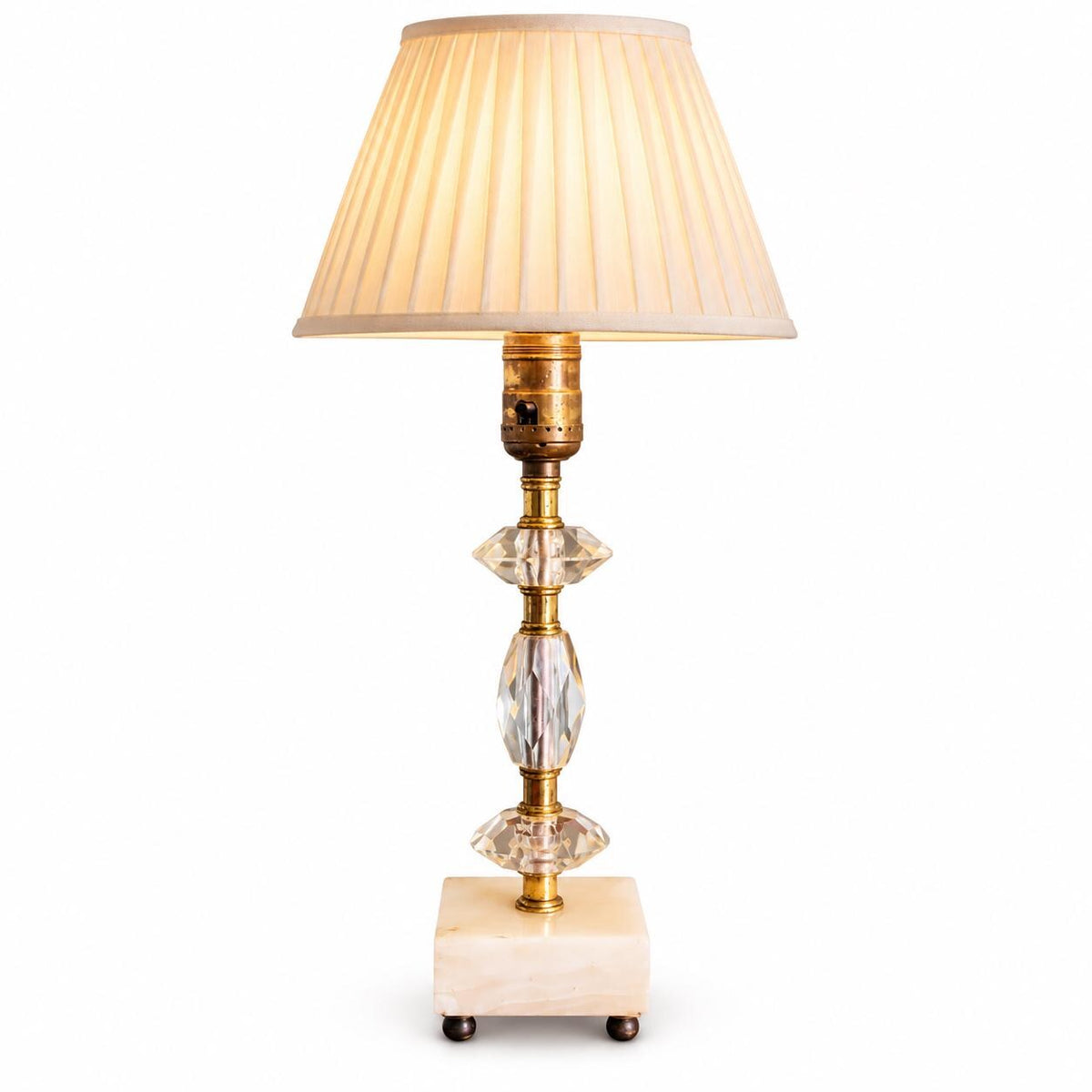 Vintage Hollywood Regency Style Table Lamp, Faceted Glass and Brass-Tone Stem on Square Veined Stone Base
