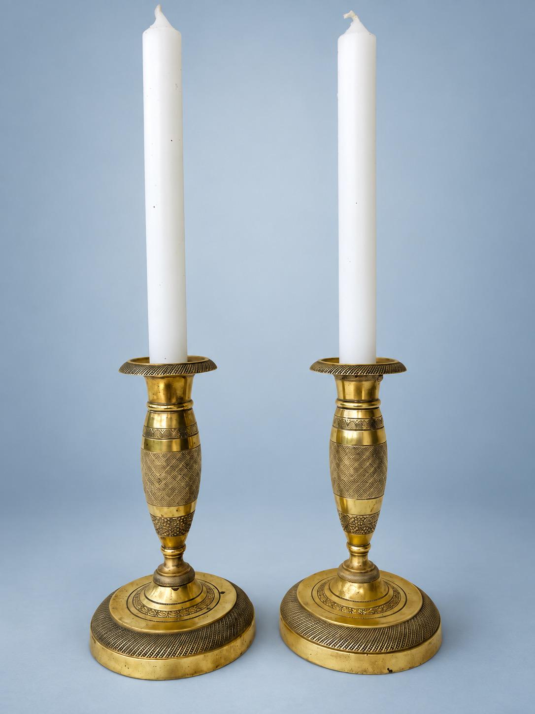 Antique Pair of Restauration Style Small "Ragot" Candlesticks, Brass-Tone Metal with Chased Diaper Pattern, Early 19th Century