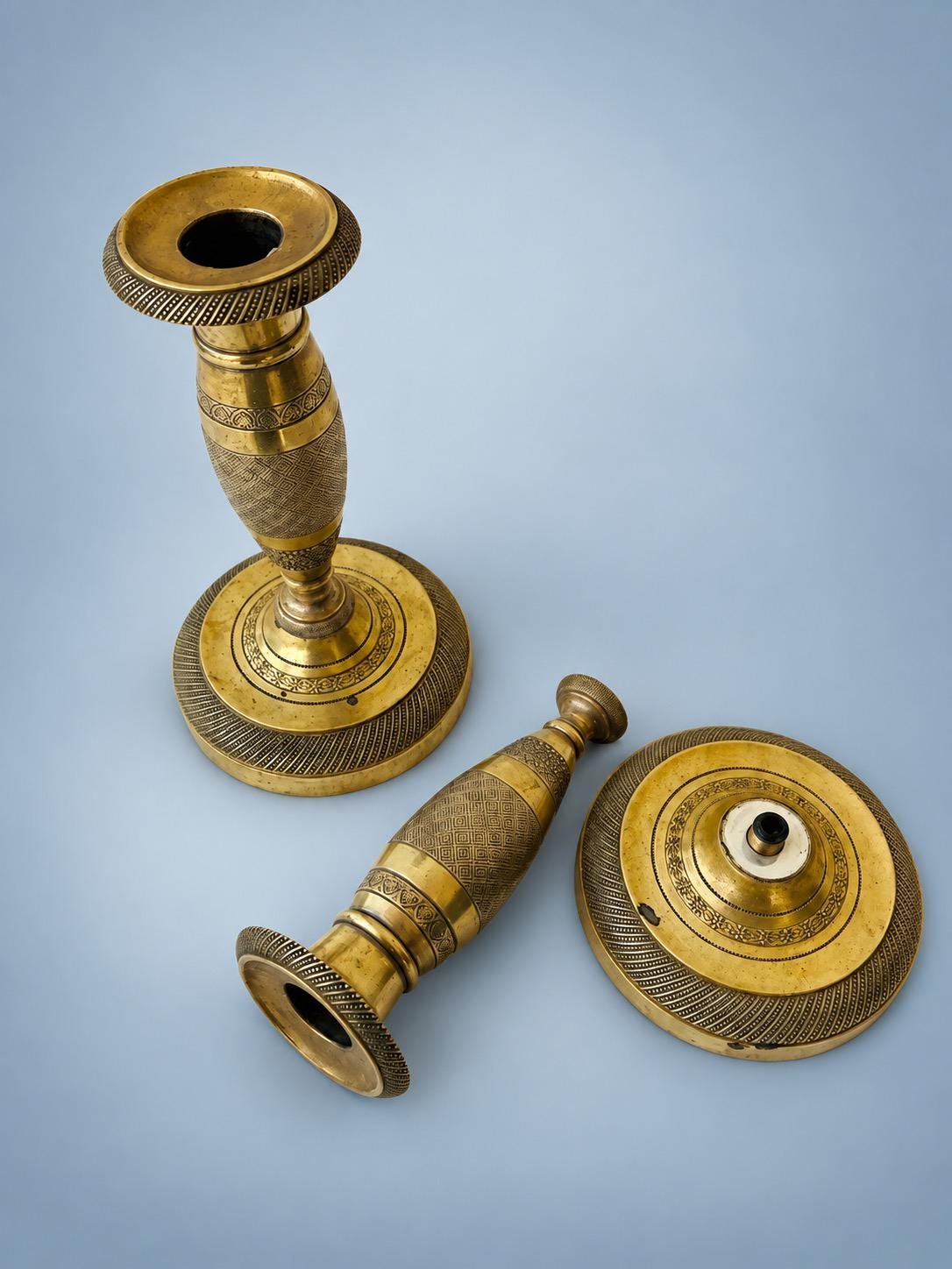 Antique Pair of Restauration Style Small "Ragot" Candlesticks, Brass-Tone Metal with Chased Diaper Pattern, Early 19th Century