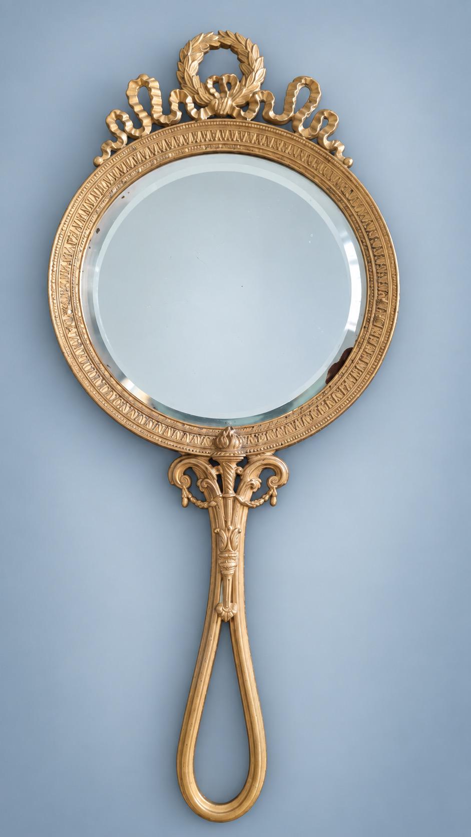 Louis XVI Style Gold-Tone Hand Mirror, Laurel Wreath and Ribbon Frame, Beveled Glass, 28.5 cm
