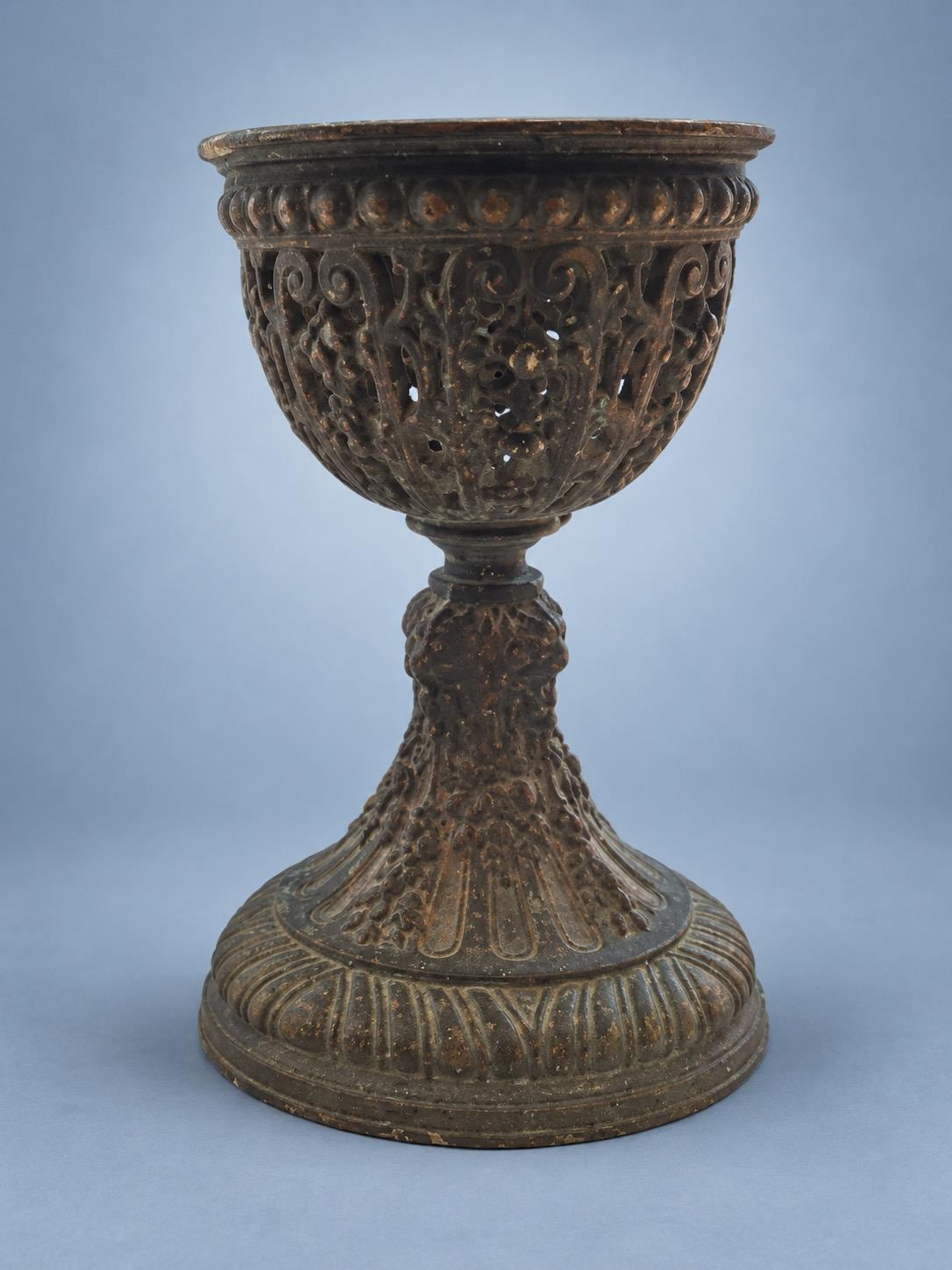 Vintage Napoleon III Style Patinated Metal Openwork Ornamental Cup on Pedestal, Pierced Scrolls and Flower Garlands