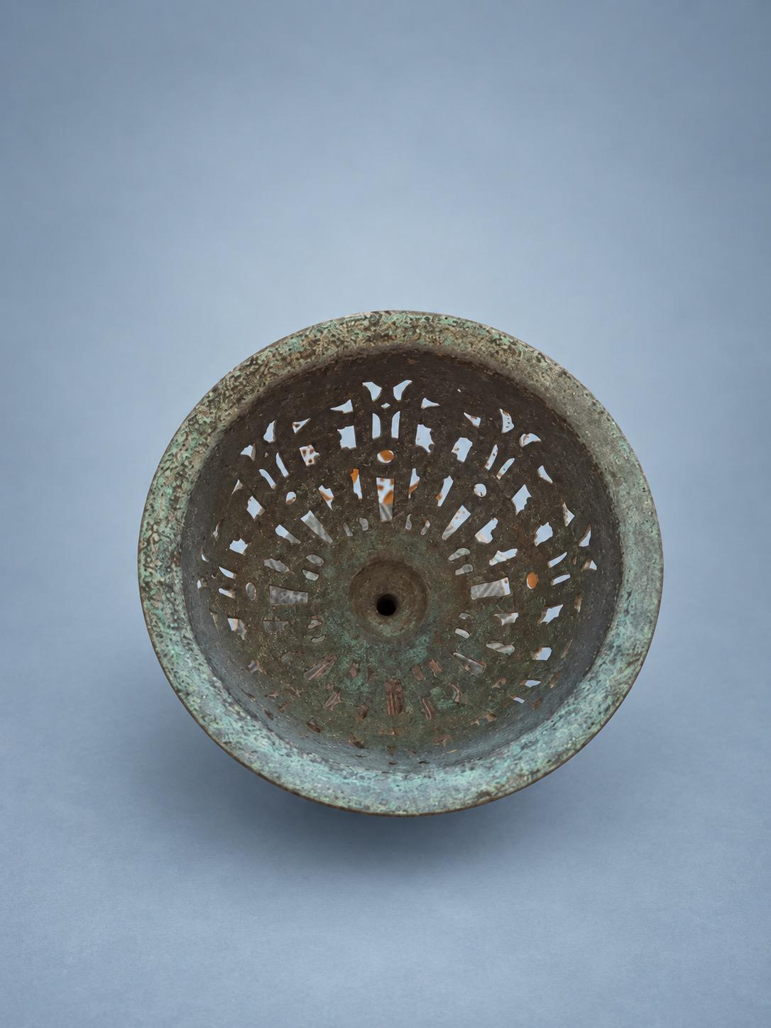 Vintage Napoleon III Style Patinated Metal Openwork Ornamental Cup on Pedestal, Pierced Scrolls and Flower Garlands