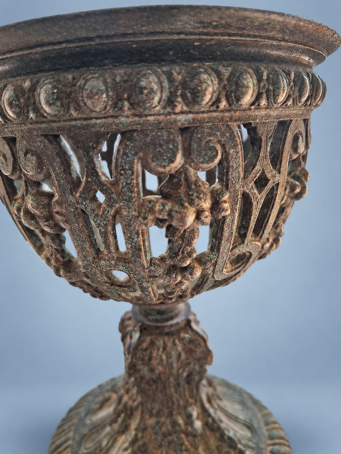 Vintage Napoleon III Style Patinated Metal Openwork Ornamental Cup on Pedestal, Pierced Scrolls and Flower Garlands